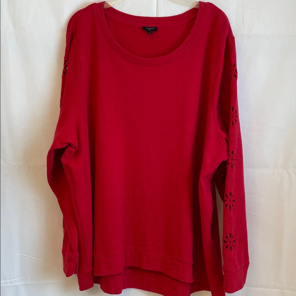 Talbots Red Sweatshirt with Floral Sleeve Cutouts